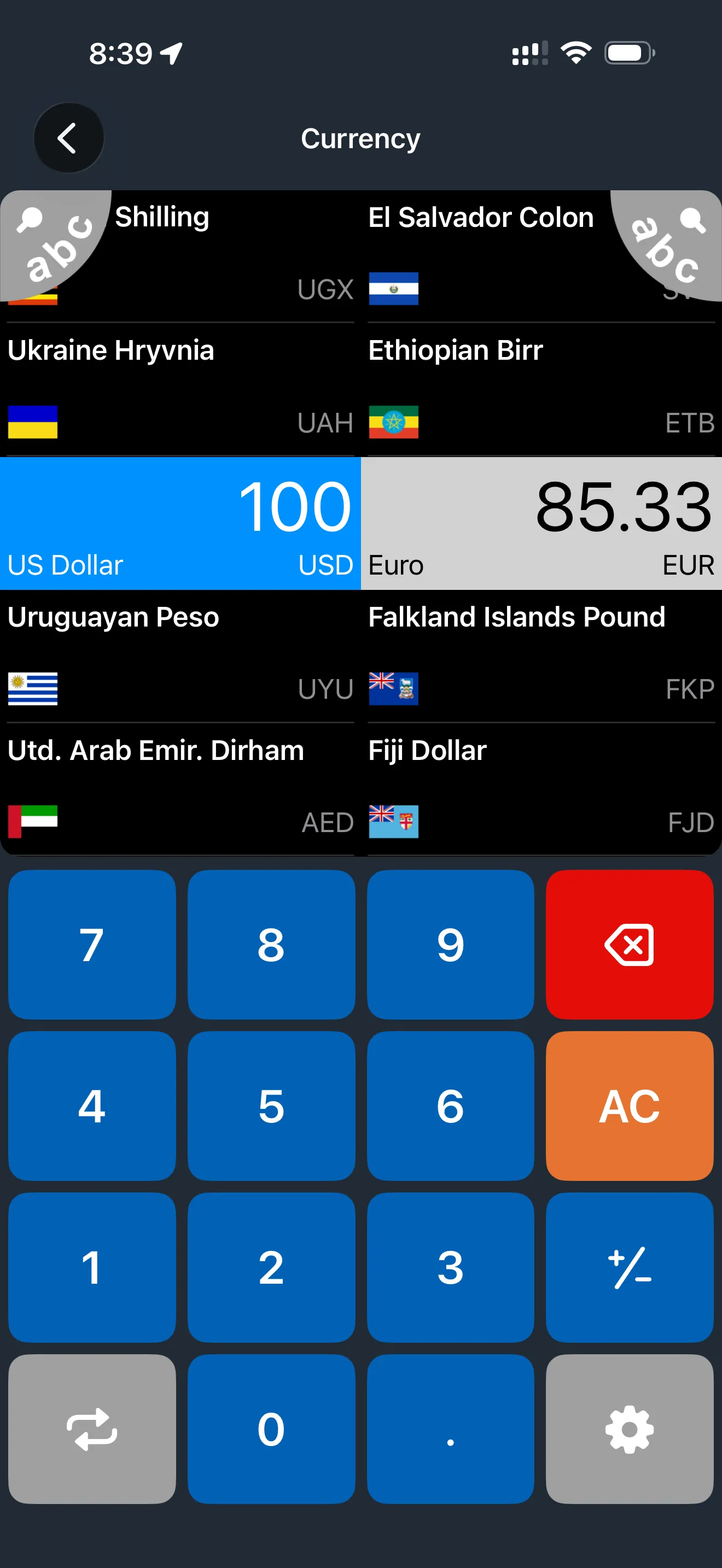A screenshot of the Units Plus Converter app showing a conversion from USD to Euros.
